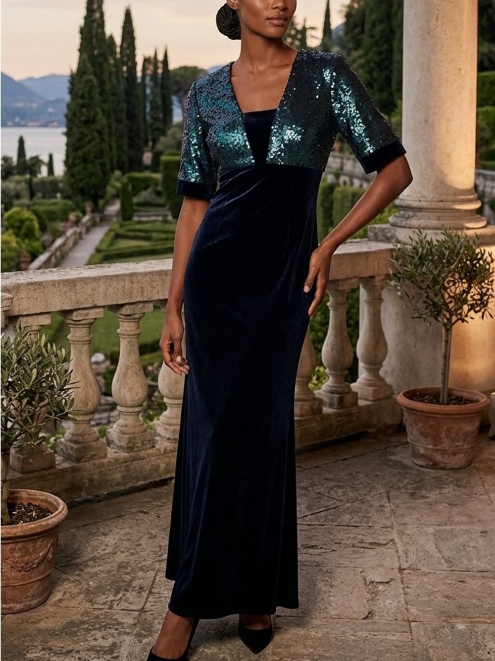 NWT PAULE KA Black Sequin-Shoulder Maxi Dress with Original Package